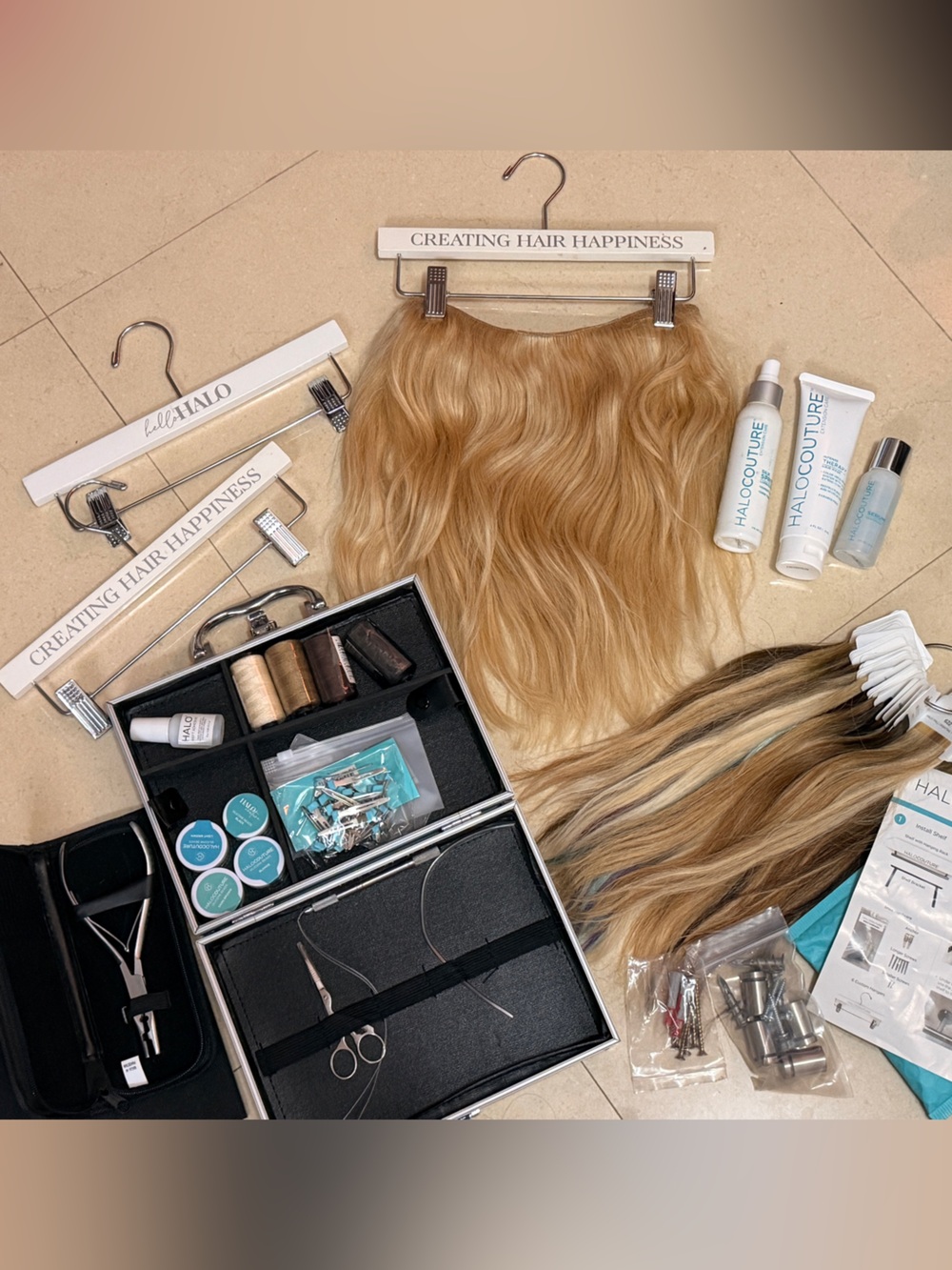 Halo Hair Extensions display shelf, swatch ring, and west application kit.